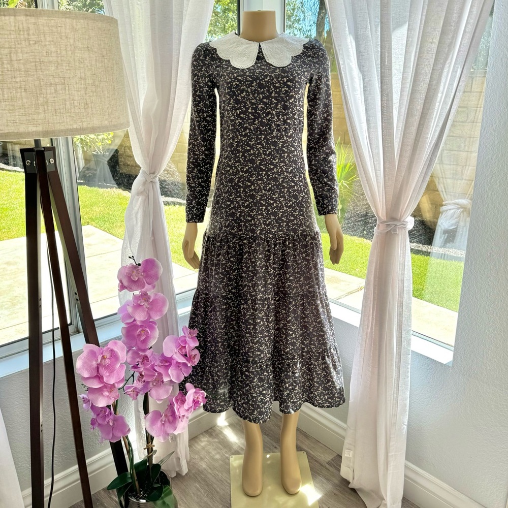 Vintage Lilou Floral Drop Waist Gray Long Sleeve Dress Size 16